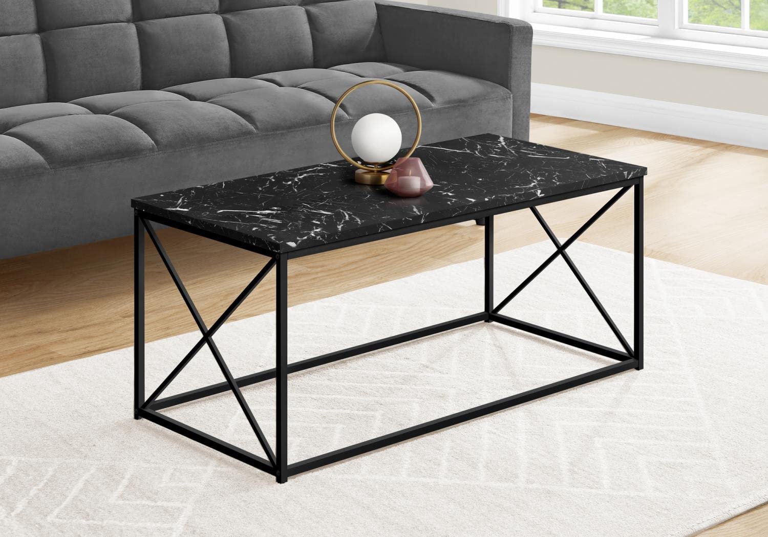 Monarch Specialties 3783 Coffee Table, Accent, Cocktail, Rectangular, Living Room, 40" L, Metal, Laminate, Contemporary, Modern Table-40, 40.5" L x 20" W x 18" H, Black Marble-Look/Black